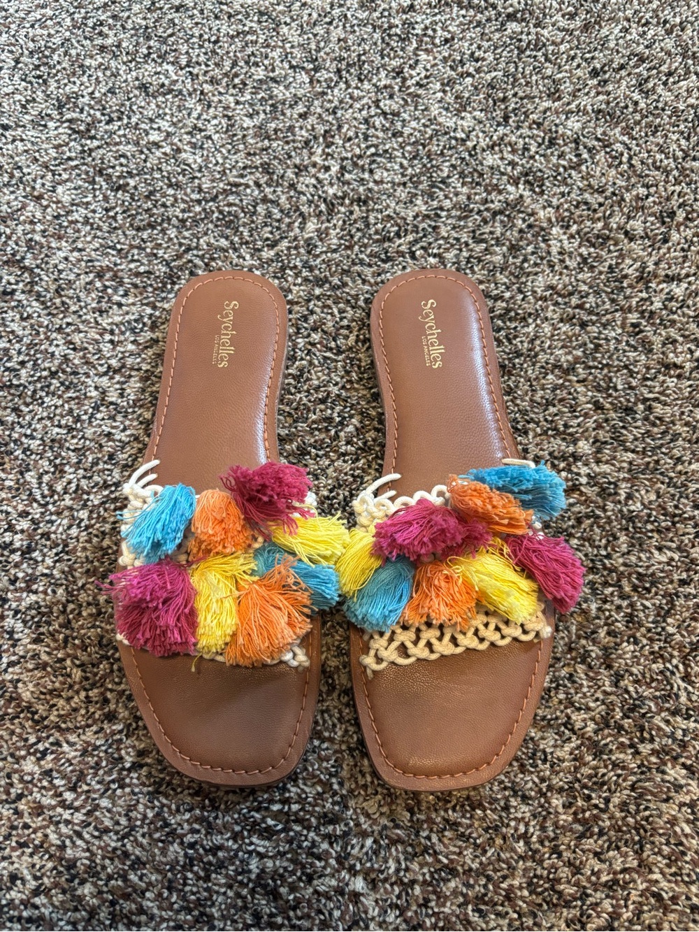 Seychelles Brown Slide Sandals with Multicolor Tassel Pom-Poms